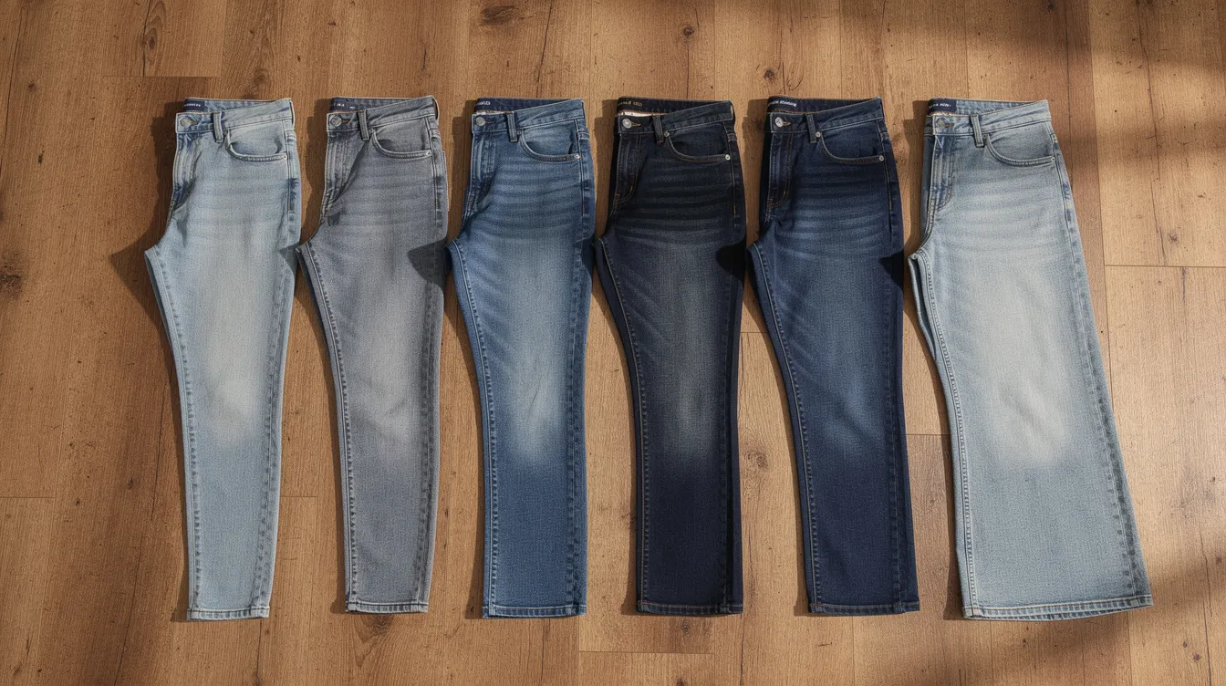 Eine Nahaufnahme zeigt verschiedene Modelle von Opus Jeans auf einem Holzboden ausgelegt, die in unterschiedlichen Schnitten, Farben und Waschungen präsentiert werden. Die Jeans bieten eine Vielzahl von Designs und Stilen, die ideal für den Alltag sind und sich perfekt in jedes Outfit integrieren lassen.