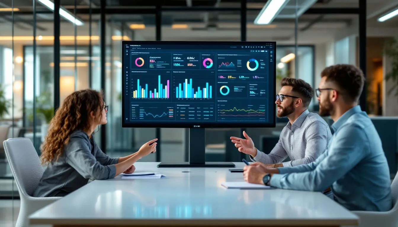 In a modern office setting, a marketing team collaborates while reviewing account profiles displayed on digital screens, focusing on strategies for effective B2B marketing and digital marketing efforts. The atmosphere is dynamic, emphasizing teamwork and data-driven decision-making to enhance customer engagement and optimize marketing campaigns.