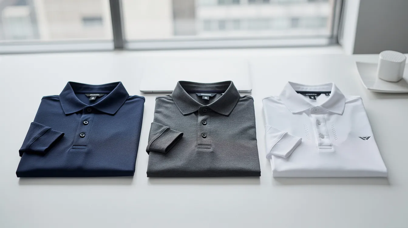 A professional lineup of classic piqué polo, performance polo, and golf polo shirts is neatly arranged on a clean white surface in a modern office setting, showcasing various styles and fabrics ideal for both casual and business casual wear. The display highlights the versatility of short sleeve polos and long sleeve options, perfect for different occasions and personal styles.