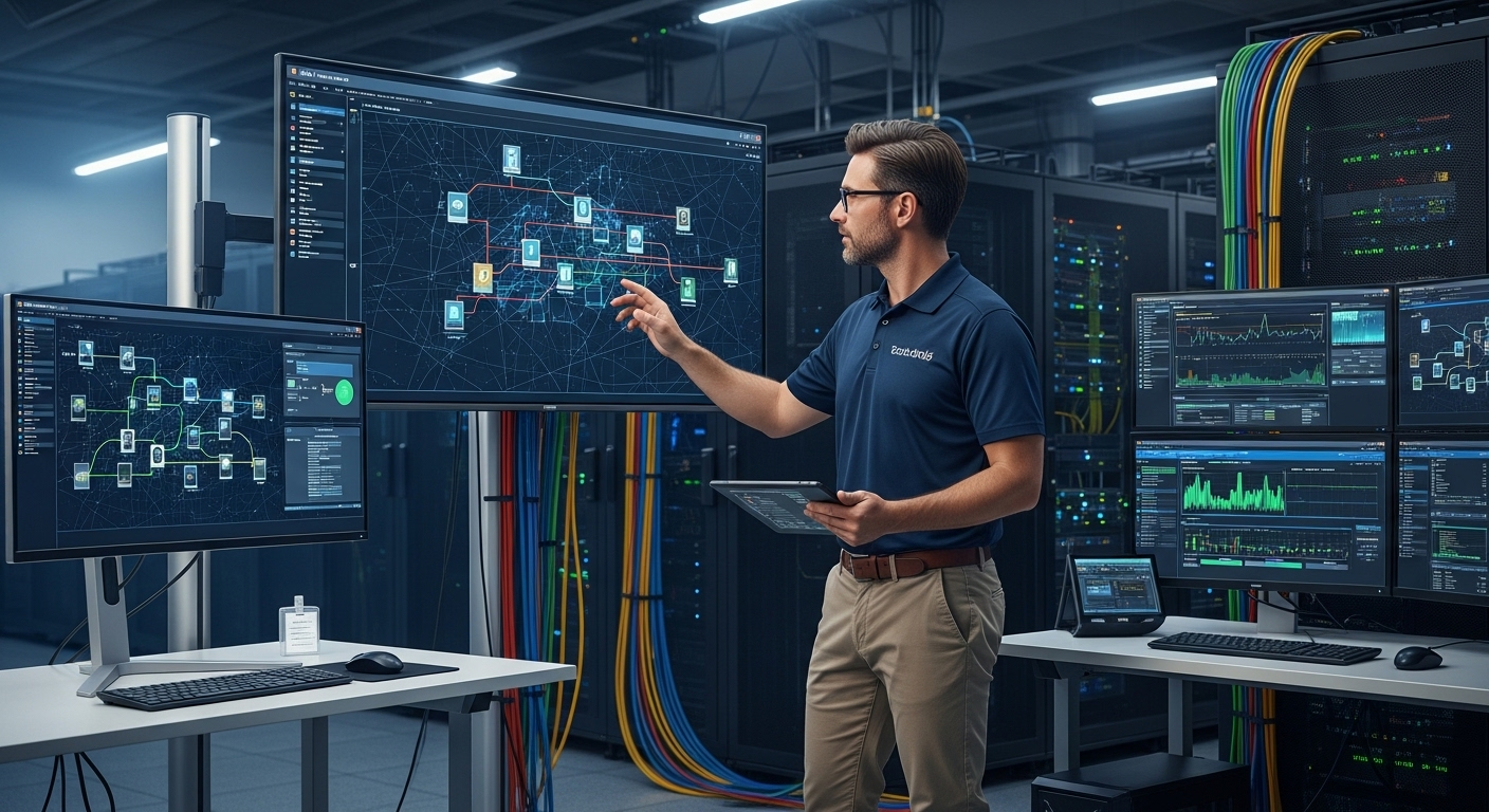 IT administrator overseeing a hybrid environment with two desktop types, highlighting control and coordination.