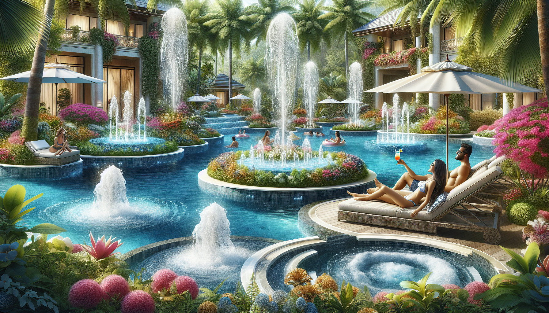 A creative depiction of a pool enhanced with spas and water features.