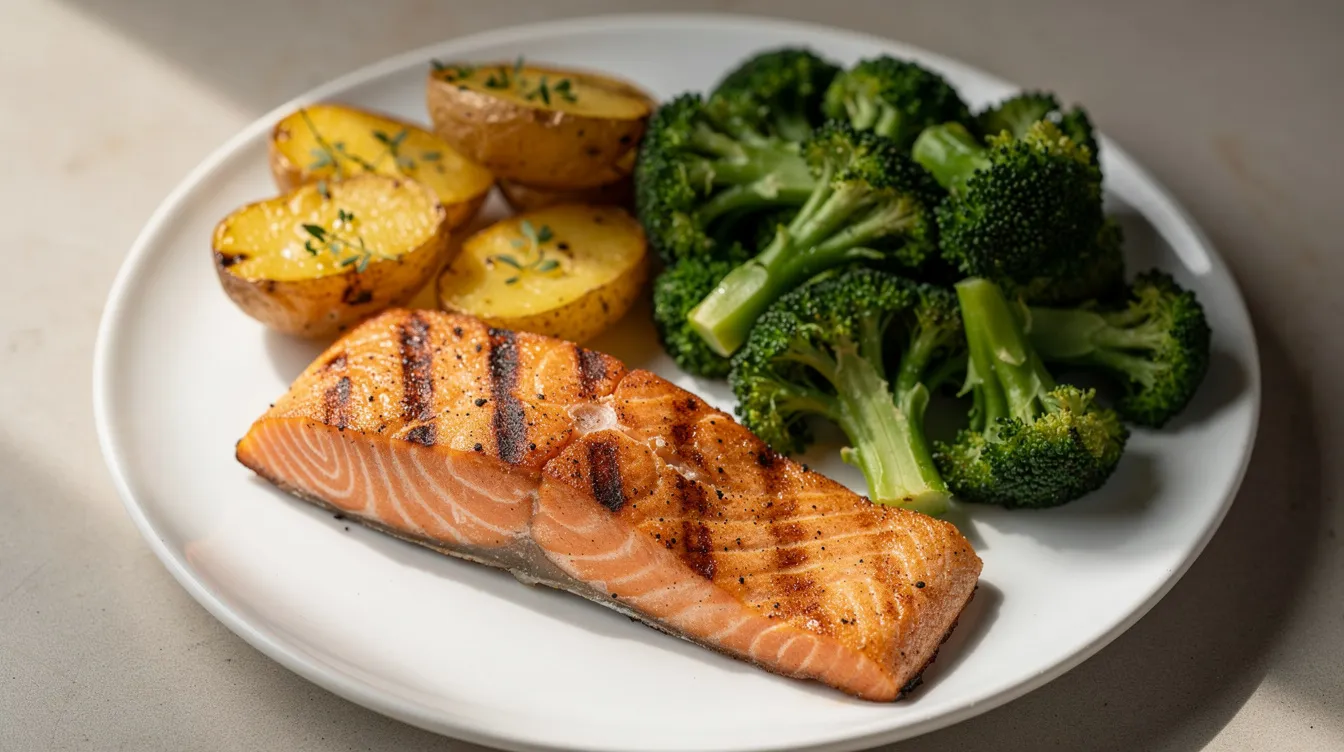 Auf dem weißen Teller liegt ein gegrillter Lachs, umgeben von frischem Brokkoli und goldbraun gebackenen Kartoffeln. Dieses Gericht eignet sich hervorragend für eine gesunde Ernährung und ist ideal für Fitnessziele, da es reich an Eiweiß und Nährstoffen ist.