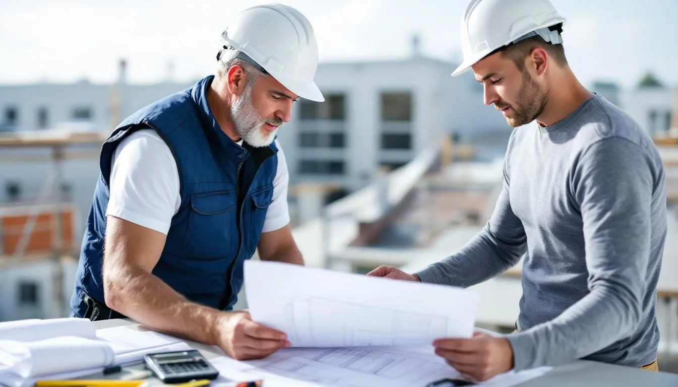 Two roofing contractors, one with a dark cap and the other in a light-colored hat, are seated at a table discussing plans for a commercial roof replacement. They are reviewing specifications and estimating costs per square foot for various roofing materials, such as metal roofs and asphalt shingles, to ensure a successful roofing project for commercial buildings.