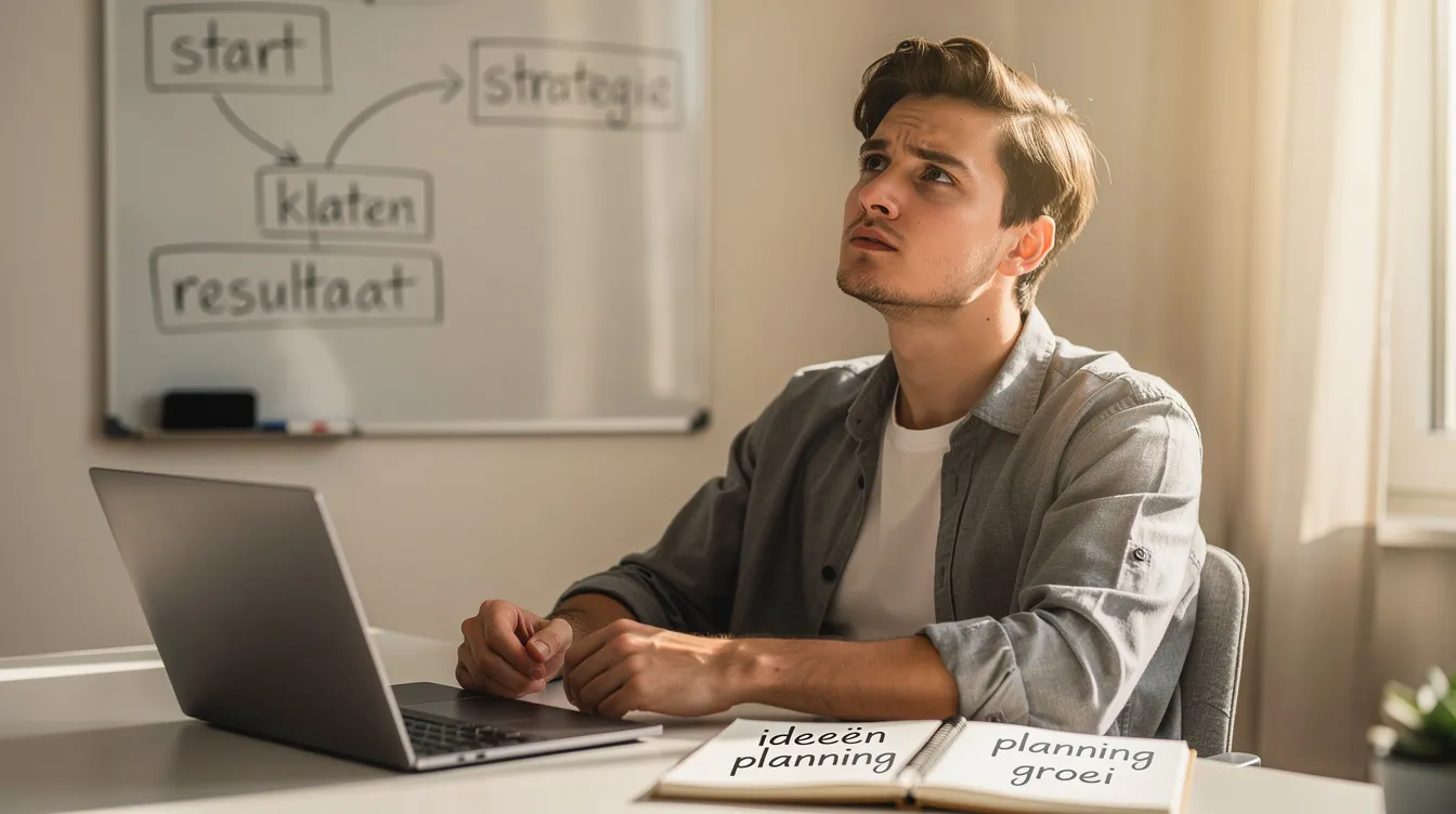 Een jonge persoon zit in gedachten verzonken, terwijl hij overweegt welke stap hij zal zetten in zijn ondernemingschap. Hij denkt na over innovatieve ideeën voor een kleine onderneming, waarbij hij mensen kan helpen en zijn eigen baas kan zijn.