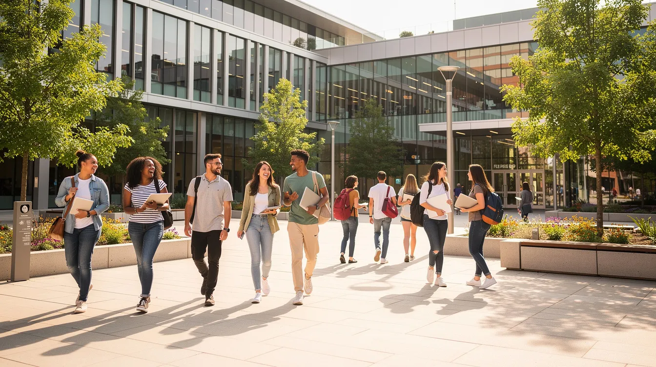A diverse group of university students is walking together across a modern campus courtyard, showcasing the vibrant student life typical of higher education environments. The scene captures the dynamic atmosphere of a university, where students from various backgrounds engage in conversation and enjoy their time on campus.
