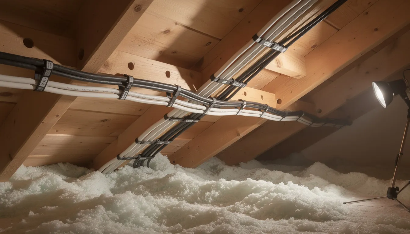 The image depicts a neat cable installation within a home ceiling space, showcasing the meticulous work of accredited DSTV installers. This professional setup ensures optimal signal reception for a seamless entertainment experience in Vermont.