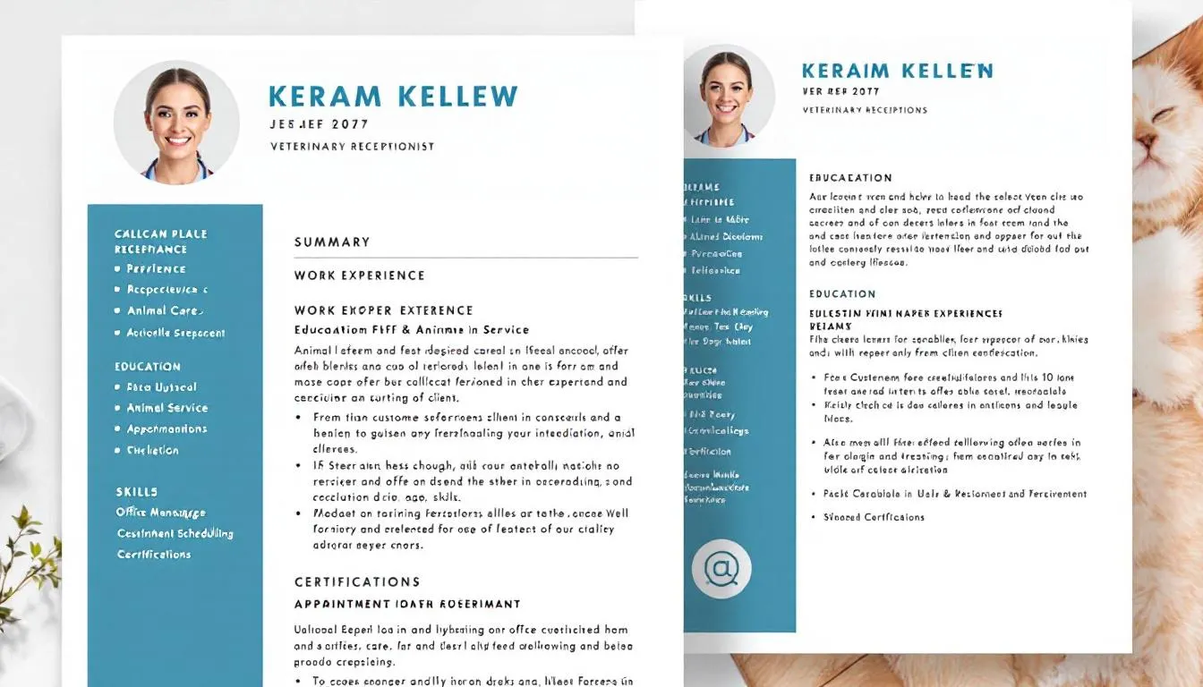 The image features a well-organized veterinary receptionist resume, highlighting essential skills such as excellent customer service and communication abilities, along with a professional summary and relevant experience in a veterinary clinic. The layout includes sections for education, job duties, and a list of administrative tasks, showcasing the candidate's qualifications for a veterinary receptionist position.