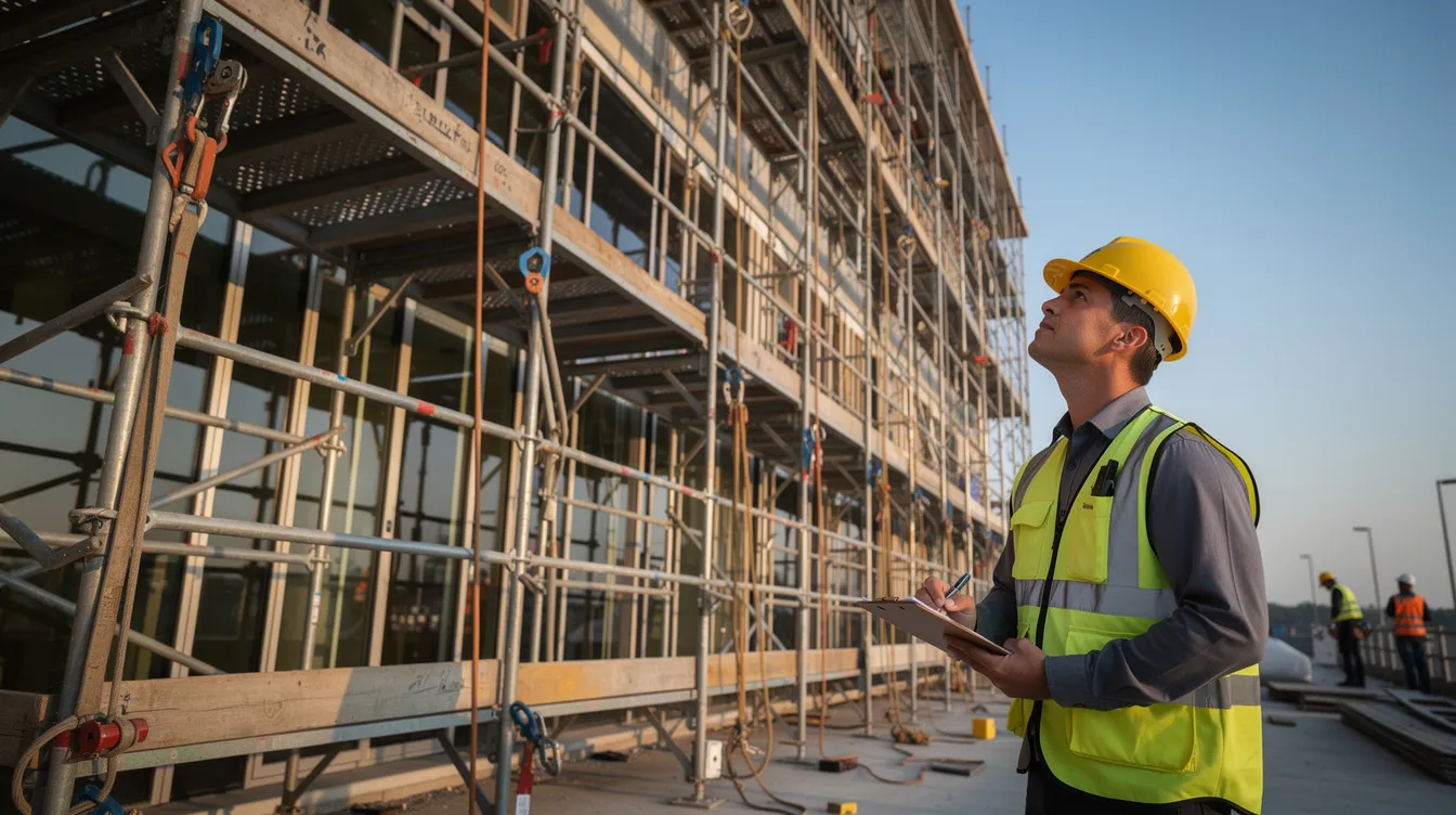 A construction site supervisor wearing a hard hat is inspecting scaffolding and fall protection equipment on a commercial building, emphasizing the importance of workplace safety and risk management. This scene highlights the critical role of corporate safety managers in ensuring compliance and protecting employees from workplace injuries.