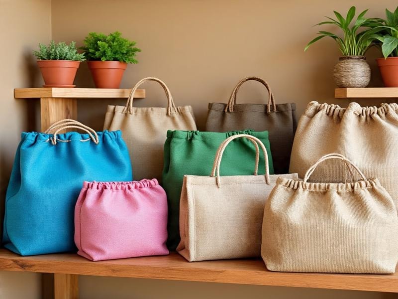 A picture showing colorful jute bags in different sizes and shapes, placed on a wooden shelf with small potted plants around them.