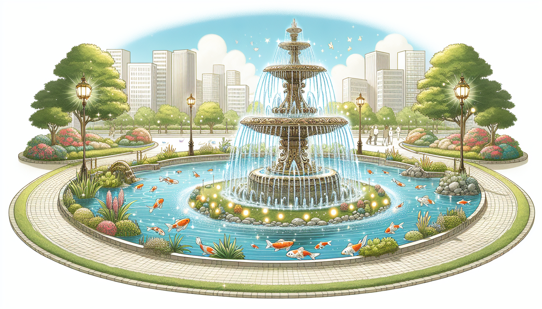 A charming illustration of a Kasco fountain enhancing the ambiance of a city park's water feature