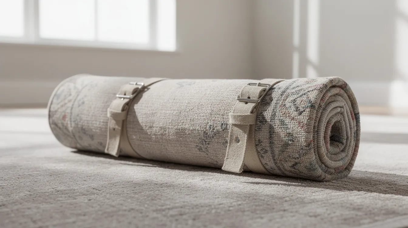 A rolled area rug is secured with fabric straps and resting on a carpeted floor in a bright room, showcasing the importance of keeping rug corners flat to prevent curling and tripping hazards. The scene emphasizes the need for proper padding and rug grippers to maintain the rug's position and safety in high traffic areas.
