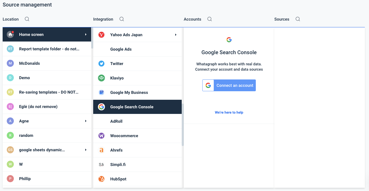 Data source selection on Whatagraph