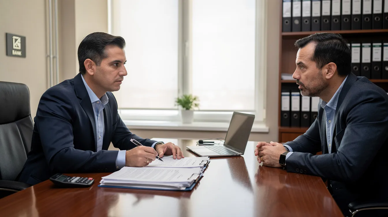 6364034c 9ae7 4070 be45 609b121e02f2 A bank officer sits at a desk reviewing documents with a small business owner across from him, discussing eligibility for mudra loans. The scene emphasizes the importance of a satisfactory credit track record and a solid business plan for accessing financial assistance from a financial institution.