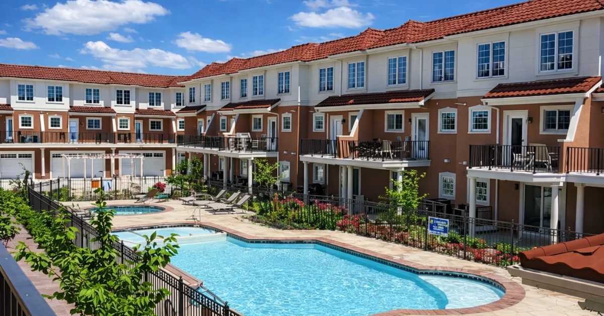 Resort-style pool area at Thunderbird Condominiums in North Wildwood, featuring a large pool, lounge chairs, and beach block townhomes.