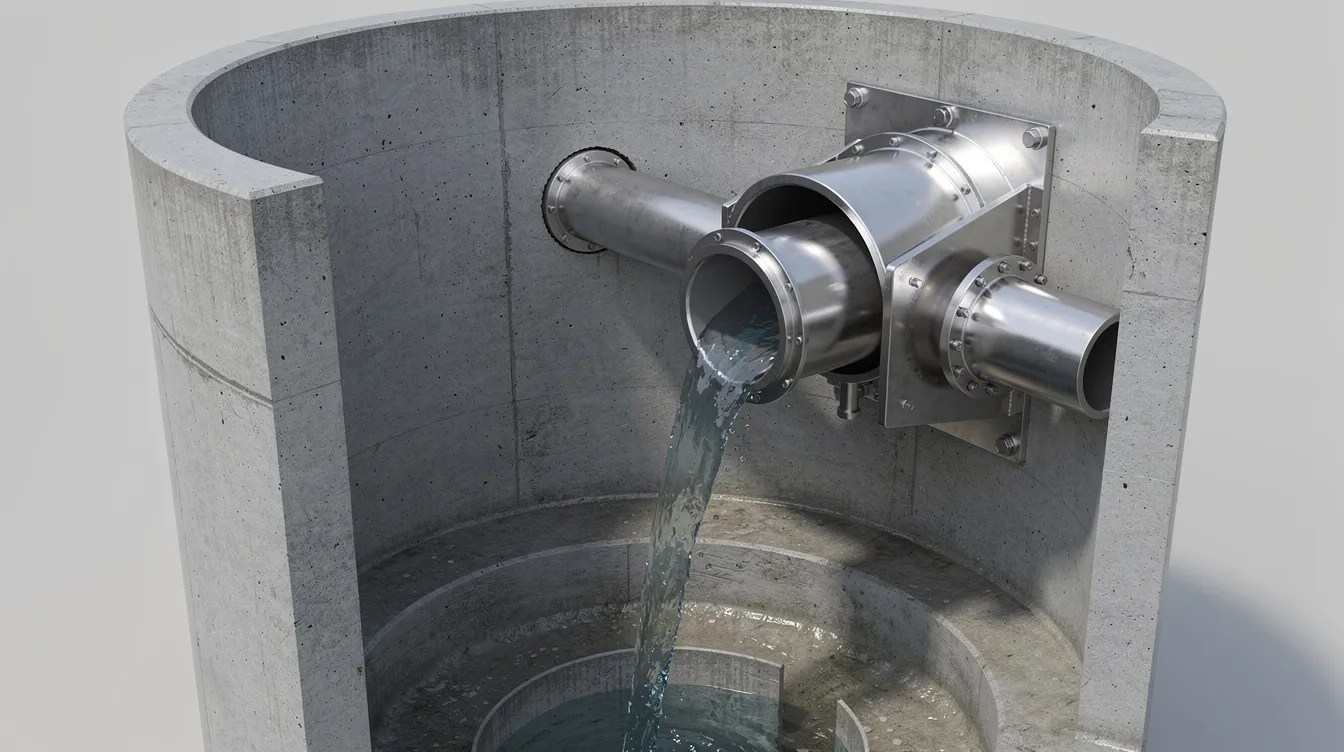 L'image montre un dispositif de régulation de débit vortex en métal, installé dans un regard en béton, conçu pour gérer les eaux pluviales. Ce système joue un rôle crucial dans la régulation du débit et la rétention de l'eau de pluie, contribuant ainsi à prévenir les inondations et à assurer une bonne infiltration dans le sol.