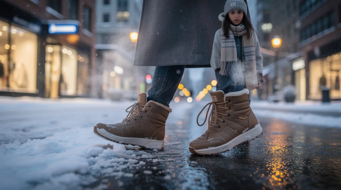 Eine Frau trägt gefütterte Wintersneaker und läuft auf einer verschneiten Innenstadtstraße bei Dämmerung. Ihr Outfit kombiniert Komfort und Stil, während die gefütterten Sneaker Schutz vor der Kälte bieten.