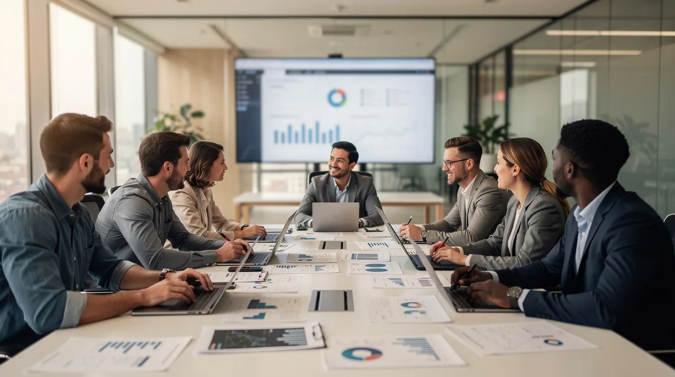 Un team multidisciplinare è riunito attorno a un tavolo, con documenti e laptop aperti, mentre un dashboard è visibile su uno schermo sfocato. L'atmosfera riflette un focus sulla gestione del rischio dei fornitori e sulla sicurezza informatica, evidenziando l'importanza di best practice e strategie per il cloud.