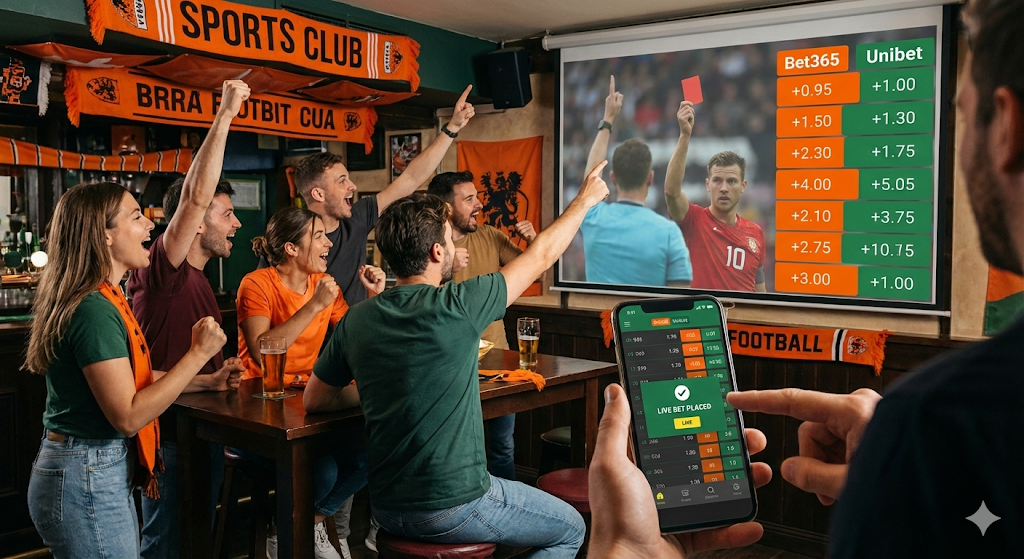 Vrienden juichen in een sportbar tijdens een voetbalwedstrijd terwijl ze live wedden via legale online bookmakers zoals Bet365 en Unibet, vergelijking van beste odds en hoogste odds op het scherm, voorbeeld van online weddenschappen en odds boosts onder toezicht van de Nederlandse Kansspelautoriteit sinds 2021.