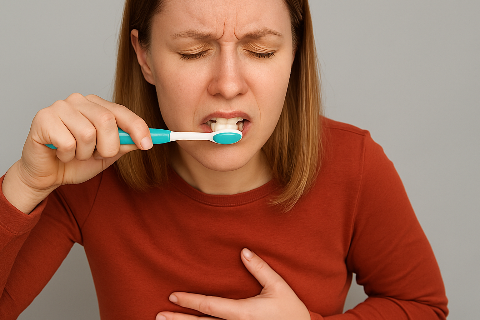 Kvinne med tannbørste og smertefullt uttrykk holder hånden på magen, mulig ubehag knyttet til fordøyelse og munnhygiene.