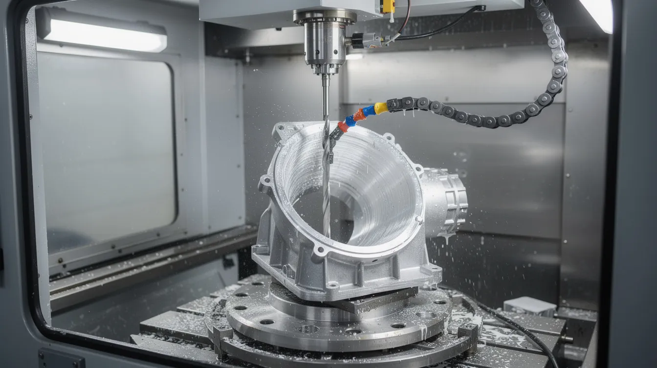 The image depicts a five-axis CNC machine meticulously finishing the interior bore of a precision aluminum die cast gearbox housing, showcasing the advanced capabilities of high precision die casting suppliers in the die casting industry. The machine's intricate movements highlight the importance of precision machining in achieving tight tolerances for high quality aluminum die cast components.