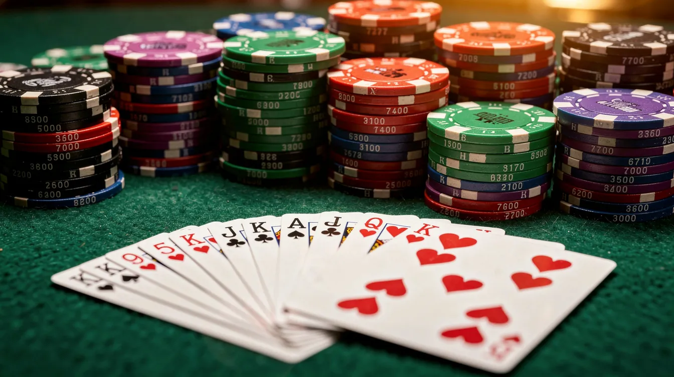 The image features a vibrant assortment of colorful casino chips stacked neatly on a green felt table, accompanied by a fan of playing cards. This scene evokes the excitement of online gambling, reminiscent of the best European online casinos that offer a variety of casino games.