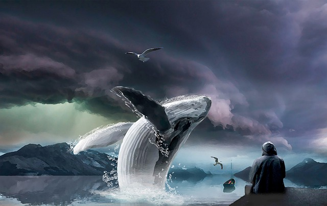sea, whale, painting