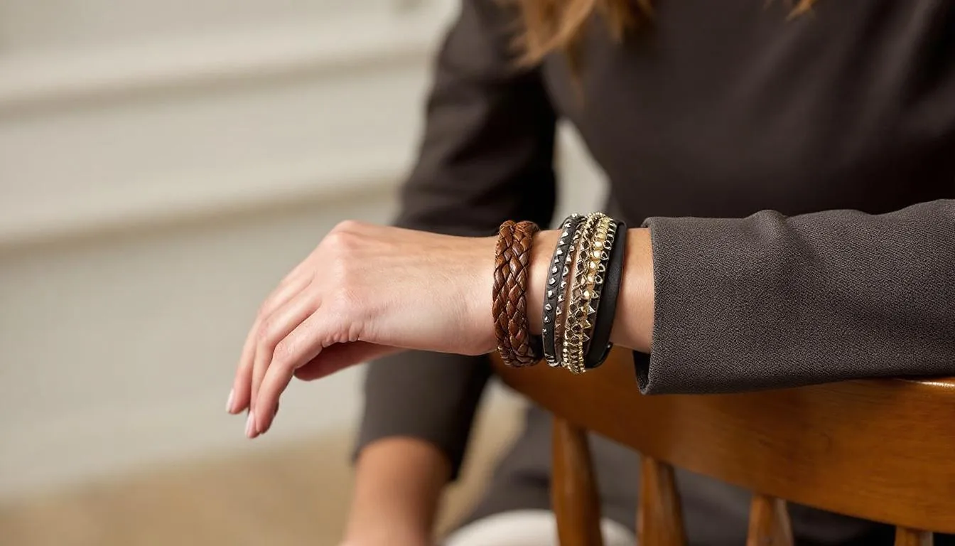 An elegant woman is showcasing a collection of women's leather bracelets in various styles and colours, each adding a unique touch to her outfit. The intricate details of the cuffs and the variety of colours reflect her personal style, making them perfect for any occasion.
