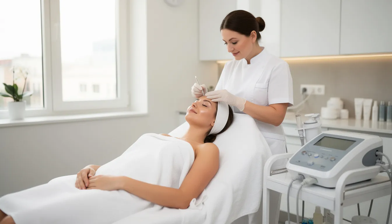 W nowoczesnym gabinecie kosmetycznym odbywa się profesjonalny zabieg pielęgnacyjny na twarz, który skupia się na redukcji zmarszczek mimicznych. Specjalista wykorzystuje toksynę botulinową oraz kwas hialuronowy, aby wygładzić skórę i przywrócić jej młodzieńczy wygląd.