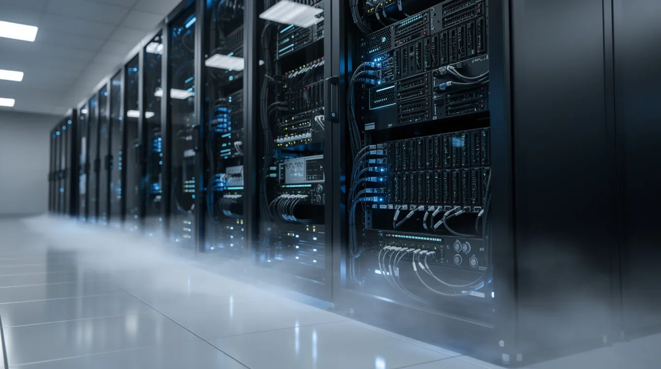 The image depicts server hardware housed in a modern data center, illuminated by blue lighting that creates a high-tech atmosphere. This setup is essential for efficient website hosting, offering services like managed hosting and shared hosting for small businesses and online stores.