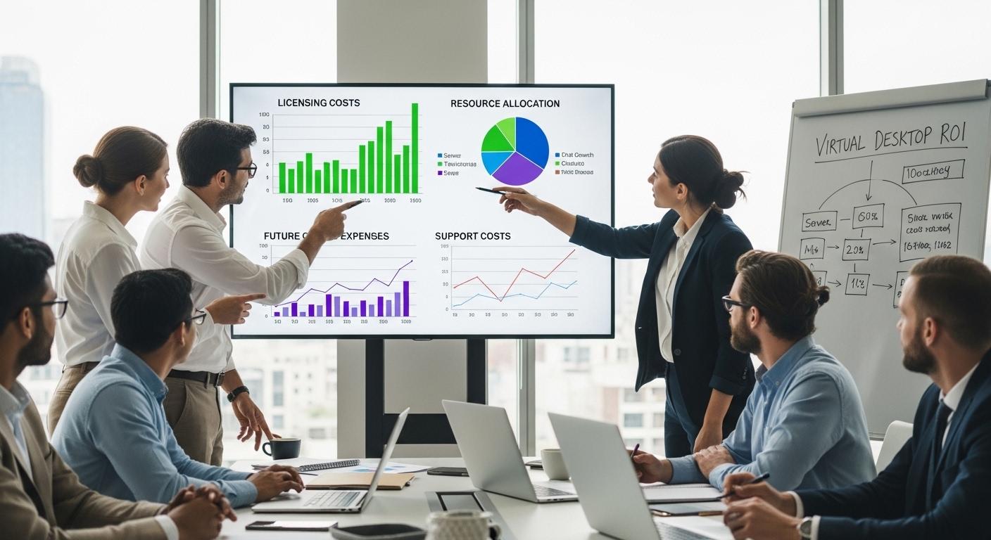IT and finance teams evaluating virtual desktop ROI with charts highlighting licensing, resource allocation, support costs, and future growth expenses.