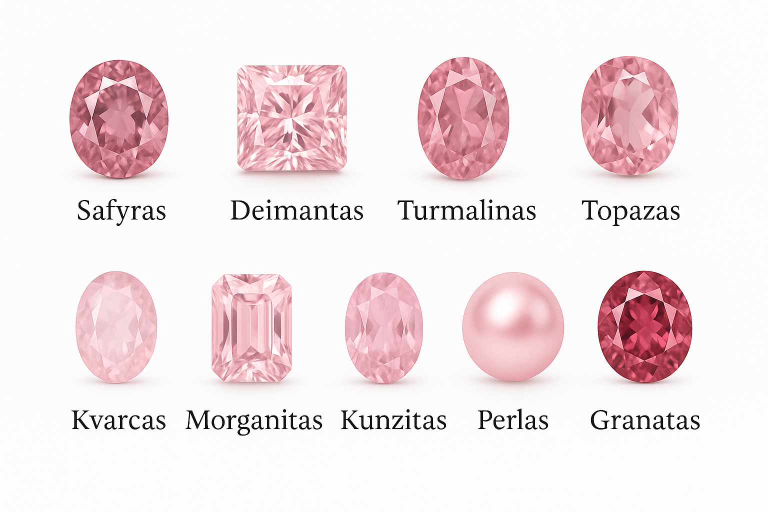 Rožiniai brangakmeniai/ safyras, deimantas, turmalinas, topazas, kvarcas, morganitas, kunzitas, perlas ir granatas.