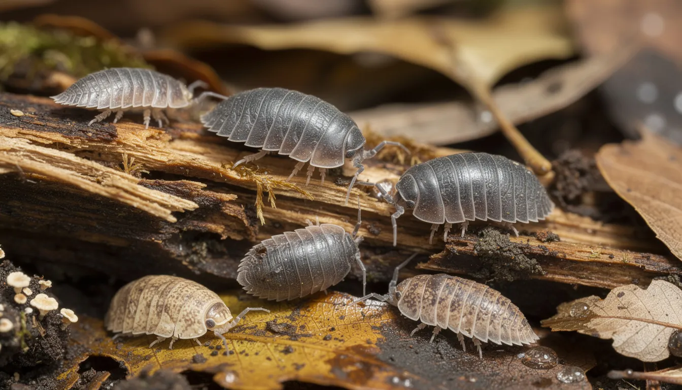 The close-up photograph showcases various isopod species crawling over decaying wood and leaf litter, highlighting their diverse forms and textures. Among them are terrestrial isopods like Armadillidium species and Porcellio scaber, illustrating the rich biodiversity of these small invertebrates in their natural habitat.