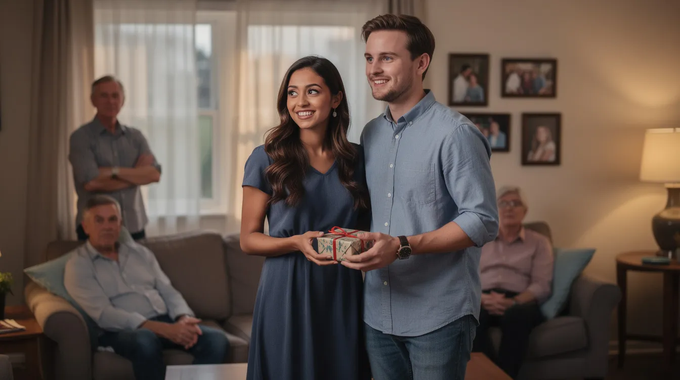 A Latina woman and a white man are on a date, meeting her family for the first time. The scene captures the warmth of their interaction, highlighting the importance of family in Latino culture and the excitement of blending different cultural backgrounds in a relationship.