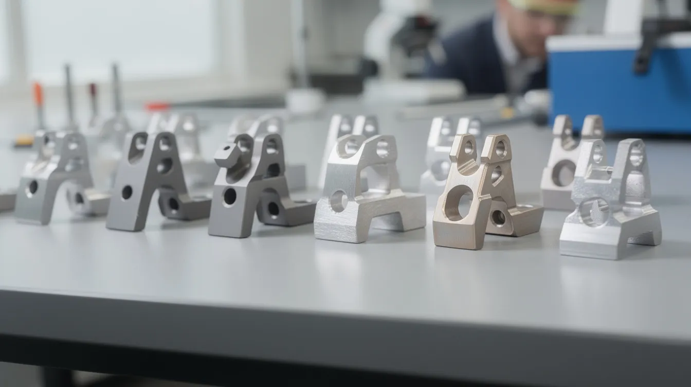 The image shows precision machined titanium and aluminum aerospace brackets neatly arranged on an inspection table, highlighting the quality control processes essential in the aerospace industry. These components are critical for ensuring compliance with stringent aerospace and defense standards, reflecting the commitment to high quality and reliability in manufacturing.