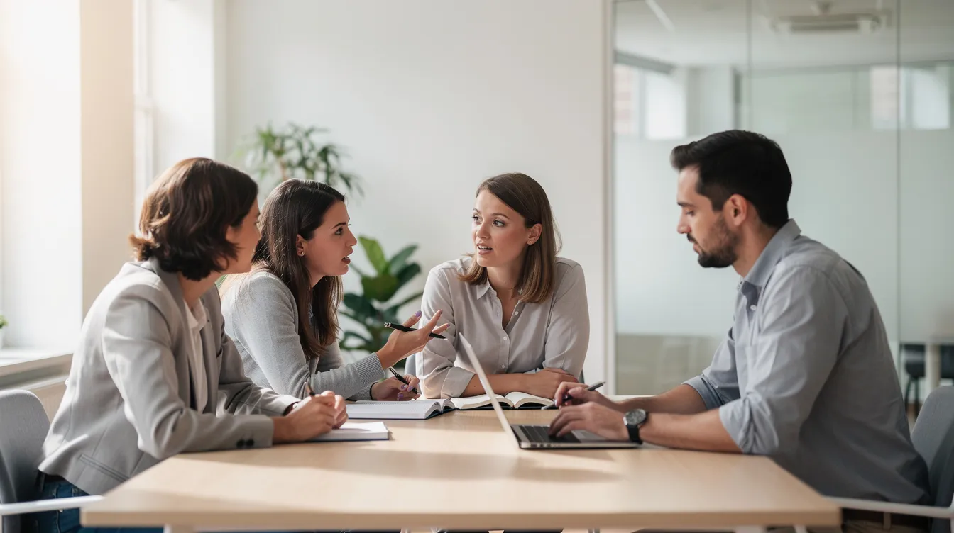 Une petite équipe est réunie dans un bureau lumineux et calme, échangeant autour d'une table, symbolisant l'importance de la communication pour prévenir le burn out et favoriser un équilibre entre vie professionnelle et vie privée. Cette scène évoque un environnement de travail propice à la santé mentale et à la guérison des individus face à l'épuisement professionnel.
