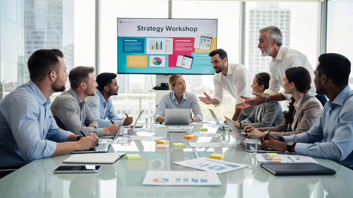 A diverse group of corporate professionals is actively participating in an interactive workshop around a large conference table, focused on leadership development and team dynamics. The setting encourages the sharing of fresh perspectives and actionable strategies to enhance organizational health and employee engagement.