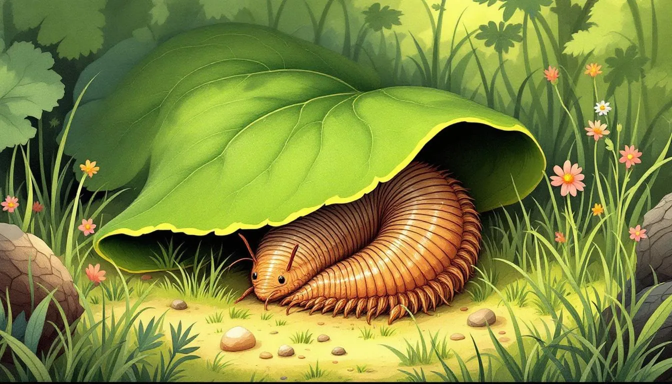 A woodlouse hiding under a leaf in a garden, demonstrating its natural behavior.