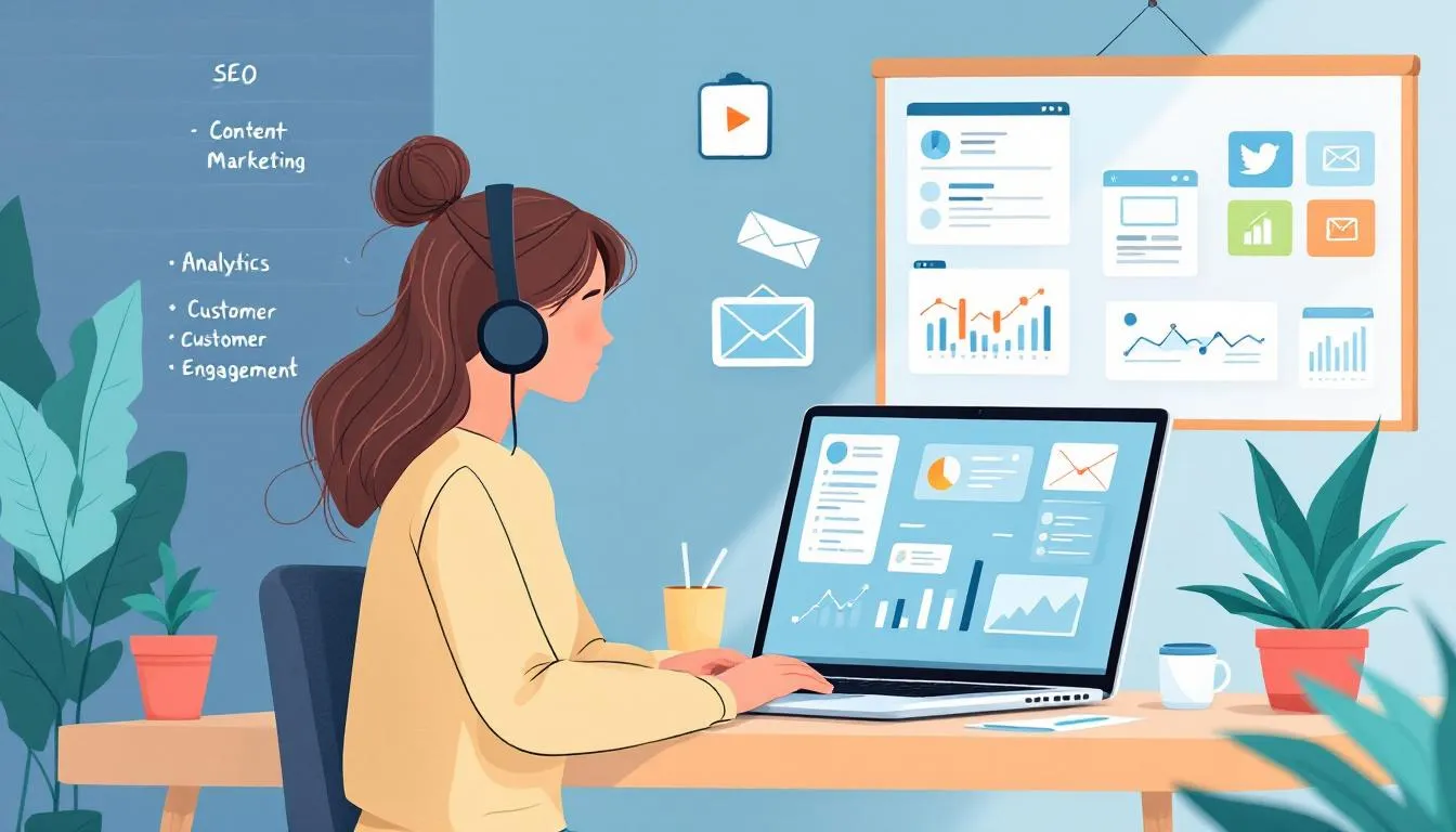 In the image, a diverse group of professionals is engaged in a discussion about digital marketing strategies for small and medium-sized enterprises (SMEs). They are exploring key aspects such as social media platforms, search engine optimization, and effective digital marketing tactics to drive business growth and generate leads.