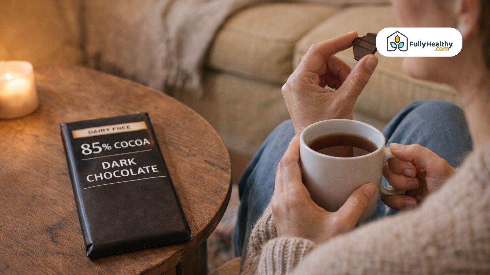 Person holds dark chocolate piece and cup of tea beside wrapped bar