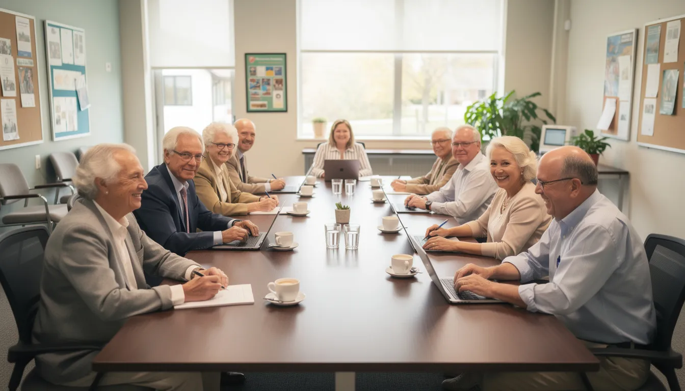 The image shows a diverse group of older adults gathered around a conference table in a bright community center, engaged in a discussion about planned giving options, including charitable gift annuities and legacy gifts. Their collaborative atmosphere reflects a focus on how to create lasting impact through their charitable donations.