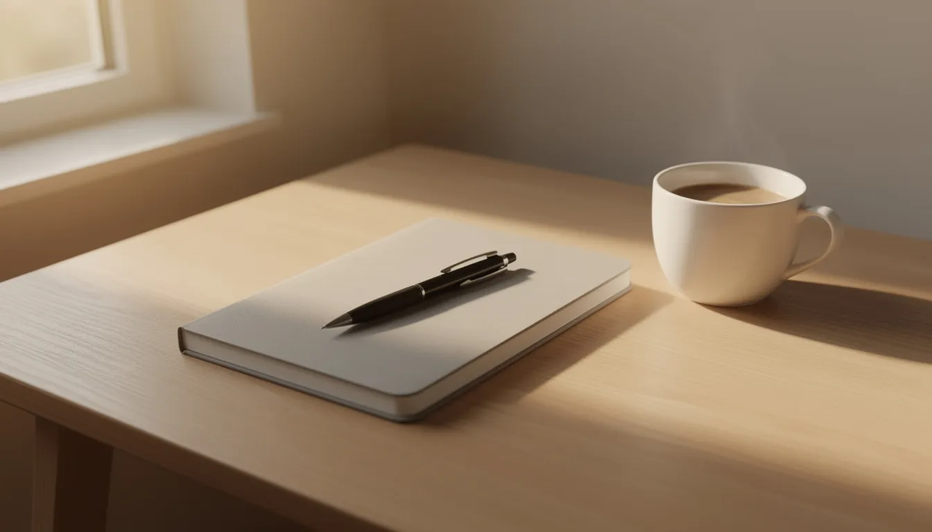 The image depicts a clean desk illuminated by morning light, featuring a single notebook, a pen, and a cup of coffee, creating an inviting atmosphere for organizing a daily to do list and prioritizing important tasks. This serene setting encourages productivity and the completion of manageable tasks.