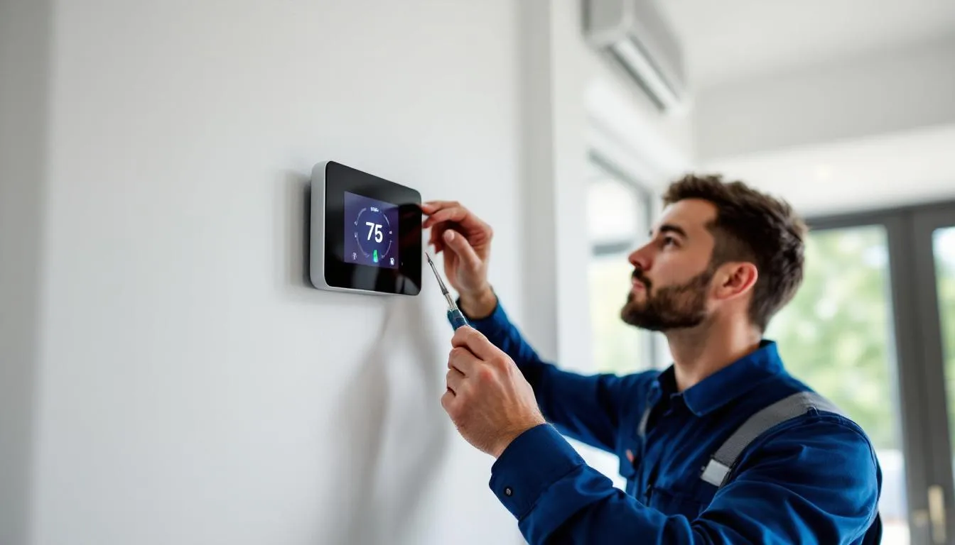 A professional technician is installing a modern smart thermostat on a wall, ensuring it is connected to the heating and cooling system for optimal air quality and temperature control. This installation is part of the HVAC services aimed at enhancing the efficiency of the home’s heating and cooling needs.