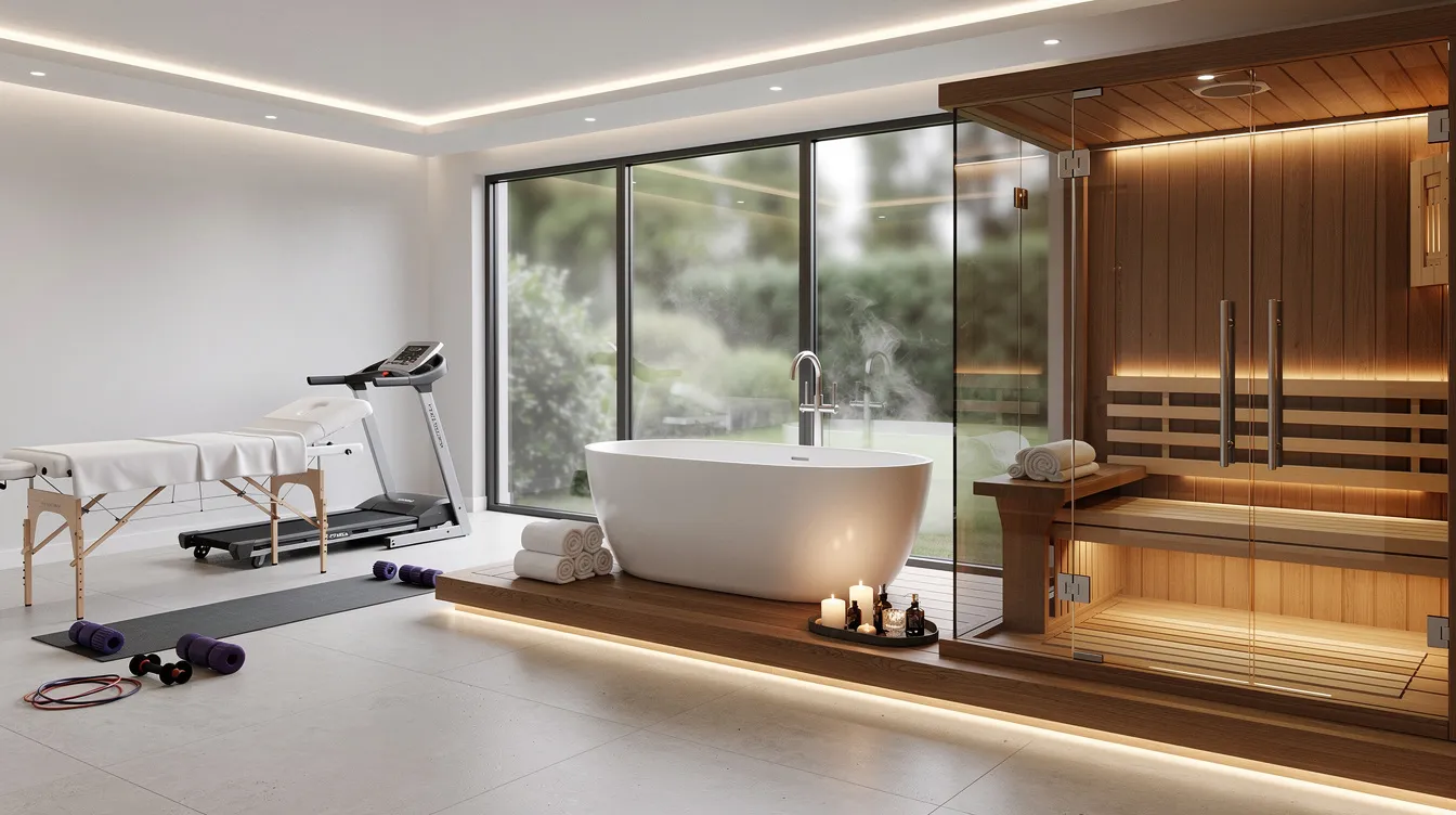 The image depicts a modern home spa area featuring a sleek sauna cabin equipped with both carbon and ceramic infrared sauna heaters, showcasing a wellness environment designed for muscle relaxation and stress reduction. The space is well-organized with wellness equipment, highlighting the energy efficiency and advanced heating technology of the infrared heaters for uniform warmth and even heat distribution.