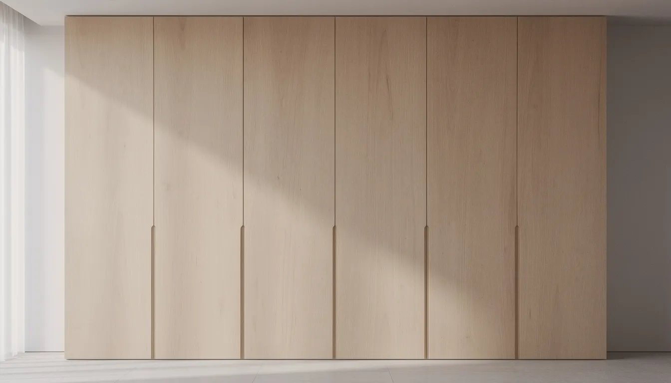 Een muur bedekt met meerdere grote houten wandpanelen, die van vloer tot plafond reiken en een stijlvolle uitstraling geven aan de ruimte. Deze akoestische panelen, vervaardigd uit FSC-gecertificeerd hout, verbeteren de akoestiek en hebben een natuurlijke look die perfect past in elk interieur.