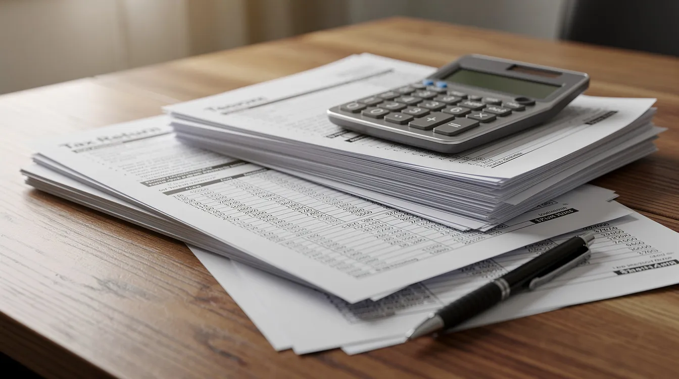 63821a1f f7eb 448b adae 54dde534f3e5 The image shows a stack of financial documents, including tax return papers, alongside a calculator on a wooden desk, suggesting preparation for loan applications or financial assessments. This setup may be used by a loan applicant reviewing their credit history and necessary documents for the loan approval process.