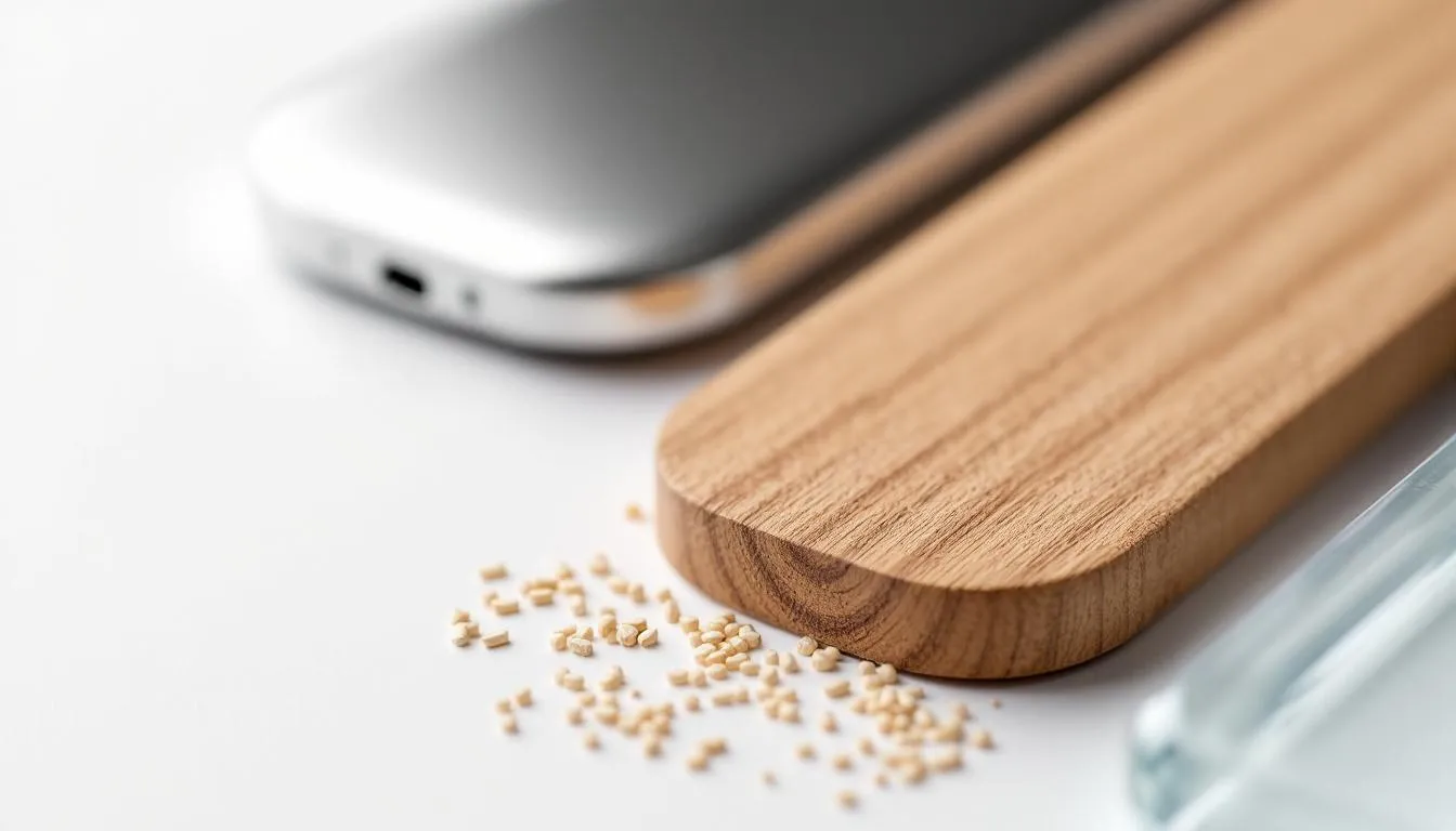 Na zdjęciu widać zbliżenie na różne materiały używane do produkcji breloków, w tym metal, plastik, drewno i akryl. Wśród nich znajdują się eleganckie breloki, które mogą być personalizowane z logo firmy, co czyni je idealnym gadżetem reklamowym.