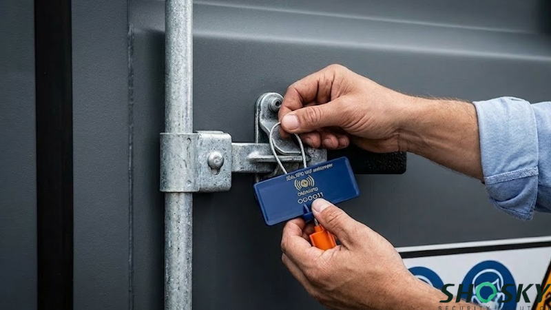 Close-up of a blue RFID e-seal being locked onto a container