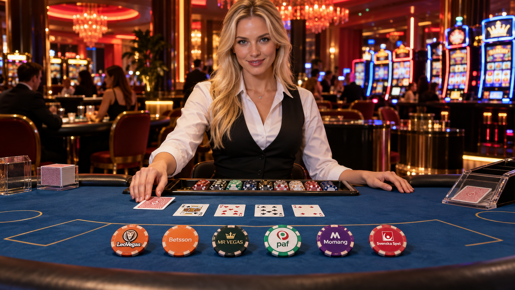 Casinodealer står bakom ett spelbord med marker för LeoVegas, Betsson, Mr Vegas, Paf, Momang och Svenska Spel.