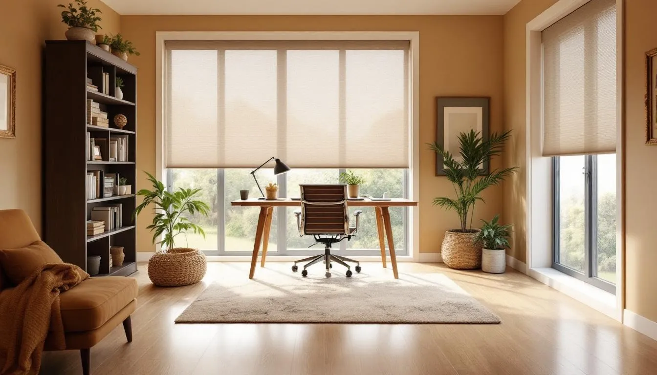 A bright and comfortable home office features sleek solar roller shades that filter sunlight, providing UV protection while allowing natural light to illuminate the space. The shades reduce glare and heat, creating a practical and stylish environment for work.