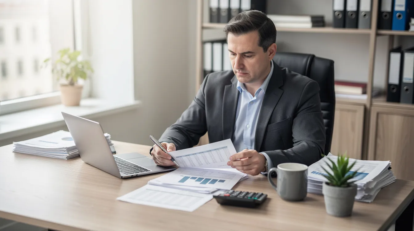 A business owner is seated at a desk, carefully reviewing financial documents while using a laptop and calculator. The scene reflects the importance of managing finances for 中小企業, showcasing the owner's dedication to understanding the latest government資助計劃 and financial information.
